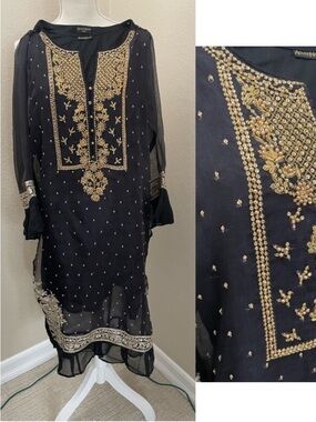 -Style Black Dress with Gold Embroidery